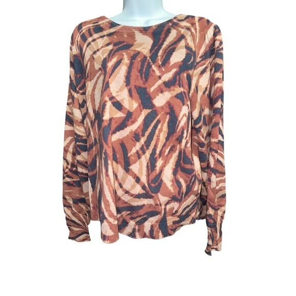 Democracy 1X Sweater Brown Beige Tiger Striped Crew Neck Cotton Long Sleeves - Picture 1 of 5